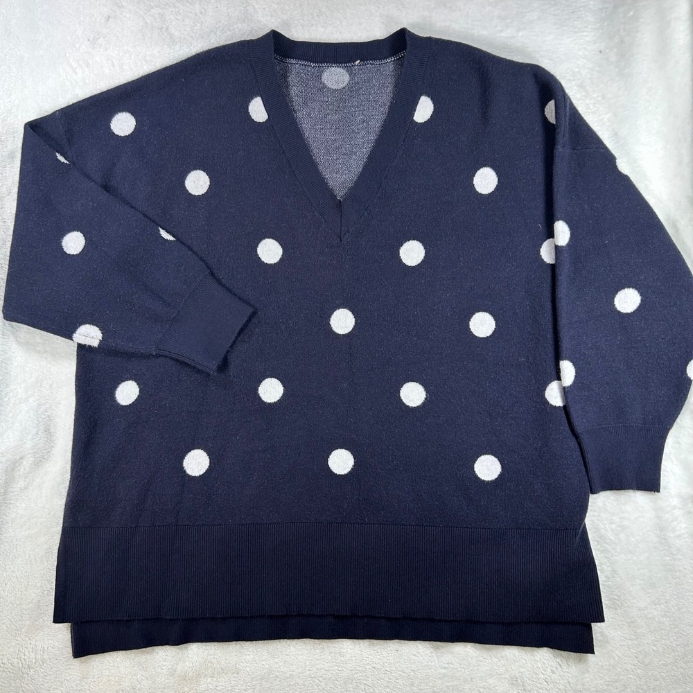 Republic Twee Polka Dot V-Neck Sweater XL‎ Grandmacore Coastal Grandmother Navy